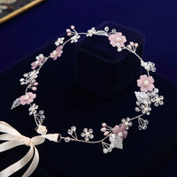 Korean Pink Flower Brides Hairbands with Ribbon Bridal Headbands Crystal Evening Hair Jewelry Wedding Hair Accessory