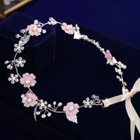 Korean Pink Flower Brides Hairbands with Ribbon Bridal Headbands Crystal Evening Hair Jewelry Wedding Hair Accessory