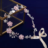 Korean Pink Flower Brides Hairbands with Ribbon Bridal Headbands Crystal Evening Hair Jewelry Wedding Hair Accessory