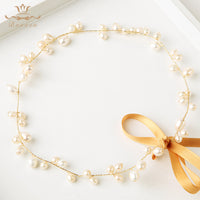 Freshwater Pearls Soft Brides Hairbands with ribbons Gold Wedding Hair Accessories