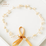 Freshwater Pearls Soft Brides Hairbands with ribbons Gold Wedding Hair Accessories