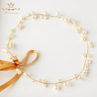 Freshwater Pearls Soft Brides Hairbands with ribbons Gold Wedding Hair Accessories