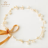 Freshwater Pearls Soft Brides Hairbands with ribbons Gold Wedding Hair Accessories