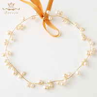 Freshwater Pearls Soft Brides Hairbands with ribbons Gold Wedding Hair Accessories