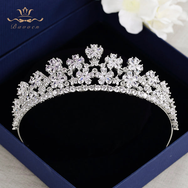 Royal Flower Zircon Tiaras Crown For Brides Sparkling Crystal Hairbands Silver Wedding Hair Accessories Bridesmaid Headwear