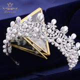 Top Quality European Full Zircon Tiaras Crowns for Brides Silver Pearls Wedding Hair Accessories