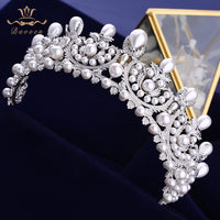 Top Quality European Full Zircon Tiaras Crowns for Brides Silver Pearls Wedding Hair Accessories