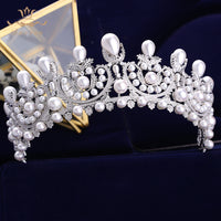 Top Quality European Full Zircon Tiaras Crowns for Brides Silver Pearls Wedding Hair Accessories