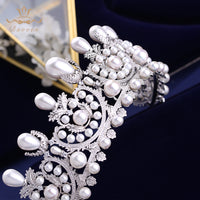 Top Quality European Full Zircon Tiaras Crowns for Brides Silver Pearls Wedding Hair Accessories