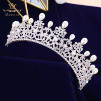 Princess Queen Full Zircon Tiaras Crowns for Brides Silver Pearls Wedding Hairbands Crystal Wedding Accessories