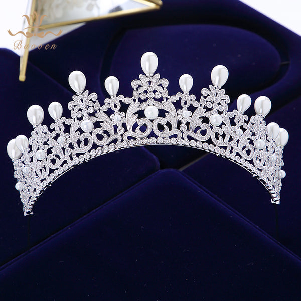 Princess Queen Full Zircon Tiaras Crowns for Brides Silver Pearls Wedding Hairbands Crystal Wedding Accessories