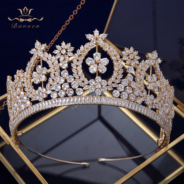 European Gold Full Zircon Crystal Brides Tiaras Crowns Wedding Hairbands Royal Queen Evening Hair Jewelry Wedding Accessories