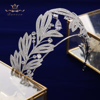 European Oversize Leaves Zircon Crystal Silver Bridal Tiaras Crowns Wedding Hair Accessories TR0452