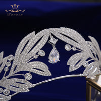 European Oversize Leaves Zircon Crystal Silver Bridal Tiaras Crowns Wedding Hair Accessories TR0452