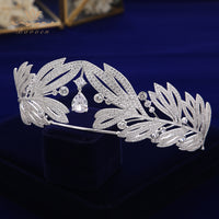 European Oversize Leaves Zircon Crystal Silver Bridal Tiaras Crowns Wedding Hair Accessories TR0452