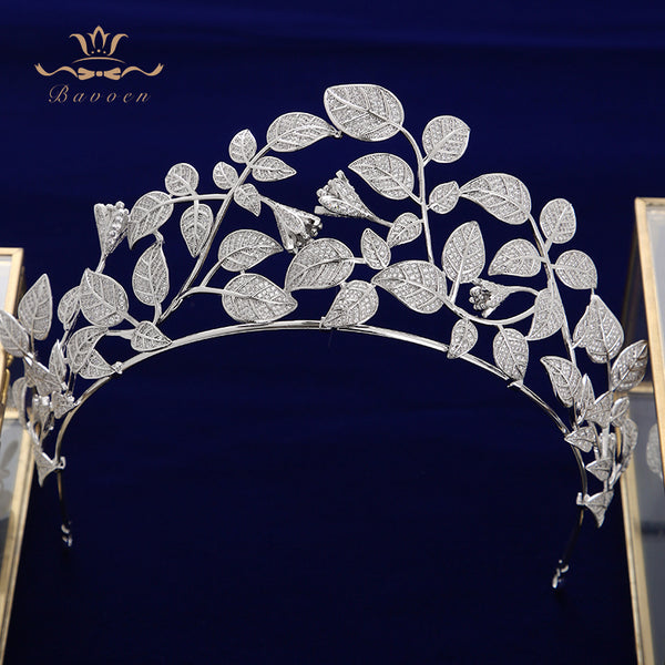 Oversize European Leaves Zircon Crystal Silver Bridal Tiaras Crowns Wedding Hair Accessories TR0453