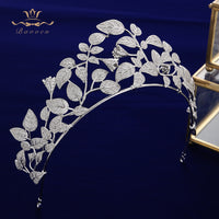 Oversize European Leaves Zircon Crystal Silver Bridal Tiaras Crowns Wedding Hair Accessories TR0453