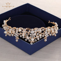 Fashion Brides Crystal Tiaras Crowns Gold Headpieces Pearls Wedding Hair Accessories