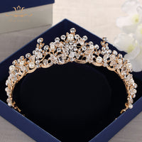 Fashion Brides Crystal Tiaras Crowns Gold Headpieces Pearls Wedding Hair Accessories