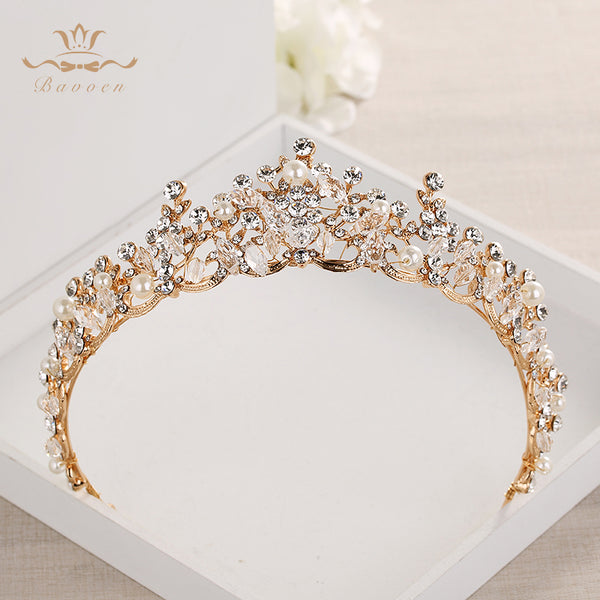 Fashion Brides Crystal Tiaras Crowns Gold Headpieces Pearls Wedding Hair Accessories