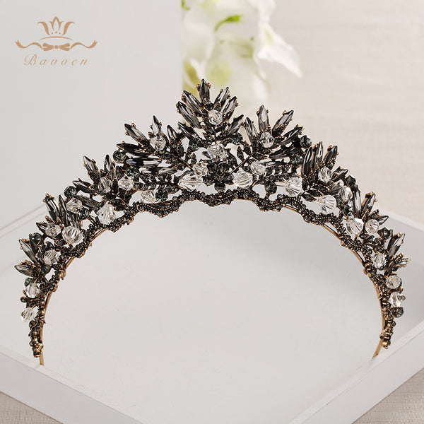 Retro Baroque Black Brides Tiaras Crowns Leaves Bridal Hairbands Crystal Wedding Hair Accessories Party Jewelry