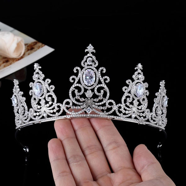 Silver Royal Cubic Zircon Crystal Tiara Crown Headdress Wedding Headpieces