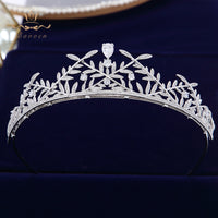 Elegant Prom Leaves Zircon Tiara Brides Headbands Silver Plated Crystal Evening Hair Accessories Wedding Hair Jewelry