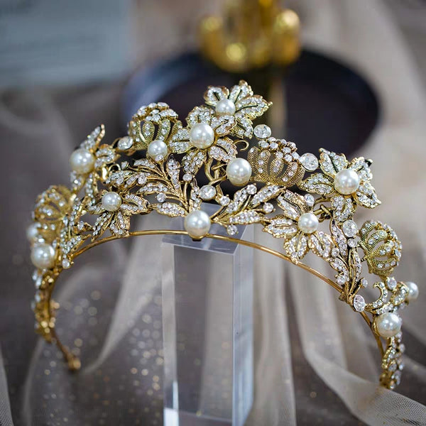 Baorque Gold Crystal Bridal Tiaras Crowns Pearls Wedding Crystal Headpieces Evening Hair Jewelry asw6962