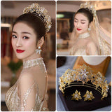 Golden Pearls Crystal Tiaras Crowns Headpieces with Earring Wedding Hair Accessory asw7125