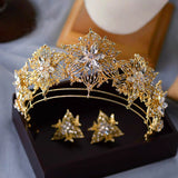 Golden Pearls Crystal Tiaras Crowns Headpieces with Earring Wedding Hair Accessory asw7125